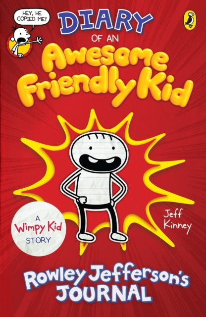 cover of Awesome Friendly Kid. A red cover with a yellow-bordered explosion cartoon border, in which stands a pencil-lined cartoon drawing of a boy with a wide open mouth and hands on his hips