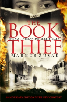 Movie cover. at the top is a face showing only from the eyes upwards, behind a book. the border of the cover is in flames, and the main picture is a black and white photo of a street with a person walking down it