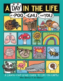 Cover of A Day in the Life of Poo, Gnu and You. A turquoise border. several cartoon pictures denoting different pages from the book in a grid pattern