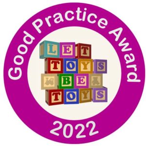Let Toys Be Toys Good Practice Award 2022. A purple ring with building blocks inside, that spell out Let Toys Be Toys