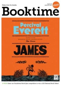 White bordered magazine cover entitled BookTime, with the orange main body beign the cover of the book James by Percival Everett. At the bottom of the orange page is a black man wading through water, carrying a cloth pack tied to a stick.