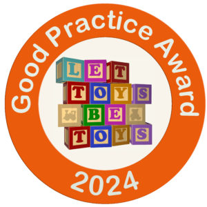 Let Toys Be Toys Good Practice Award 2024. An orange ring with building blocks inside, that spell out Let Toys Be Toys